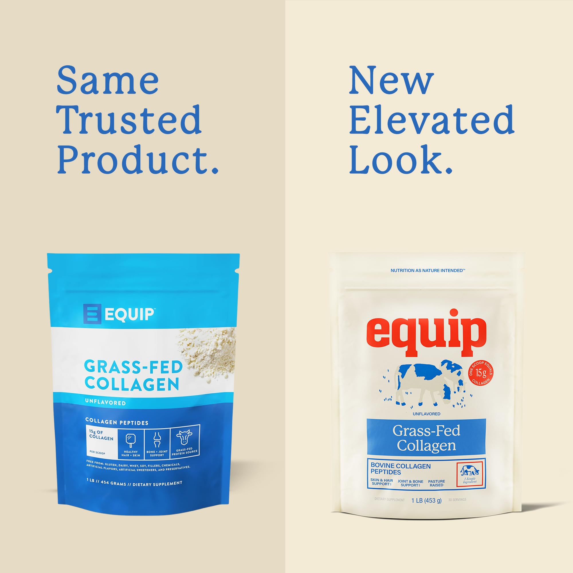 Equip grass-fed collagen powder label detailing clean non-GMO formula