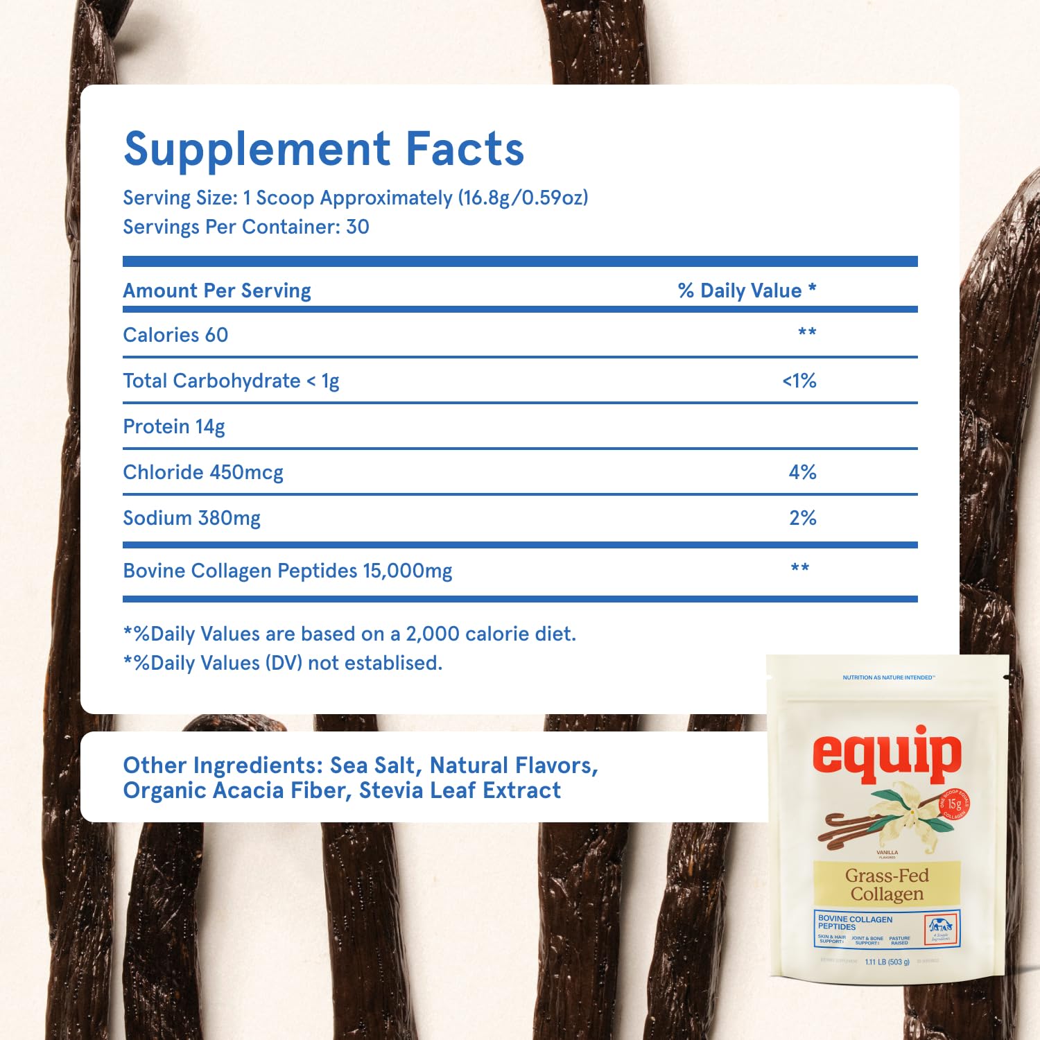 Equip Grass-Fed Collagen nutrition facts panel highlights amino acids.