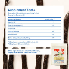 Equip Grass-Fed Collagen nutrition facts panel highlights amino acids.