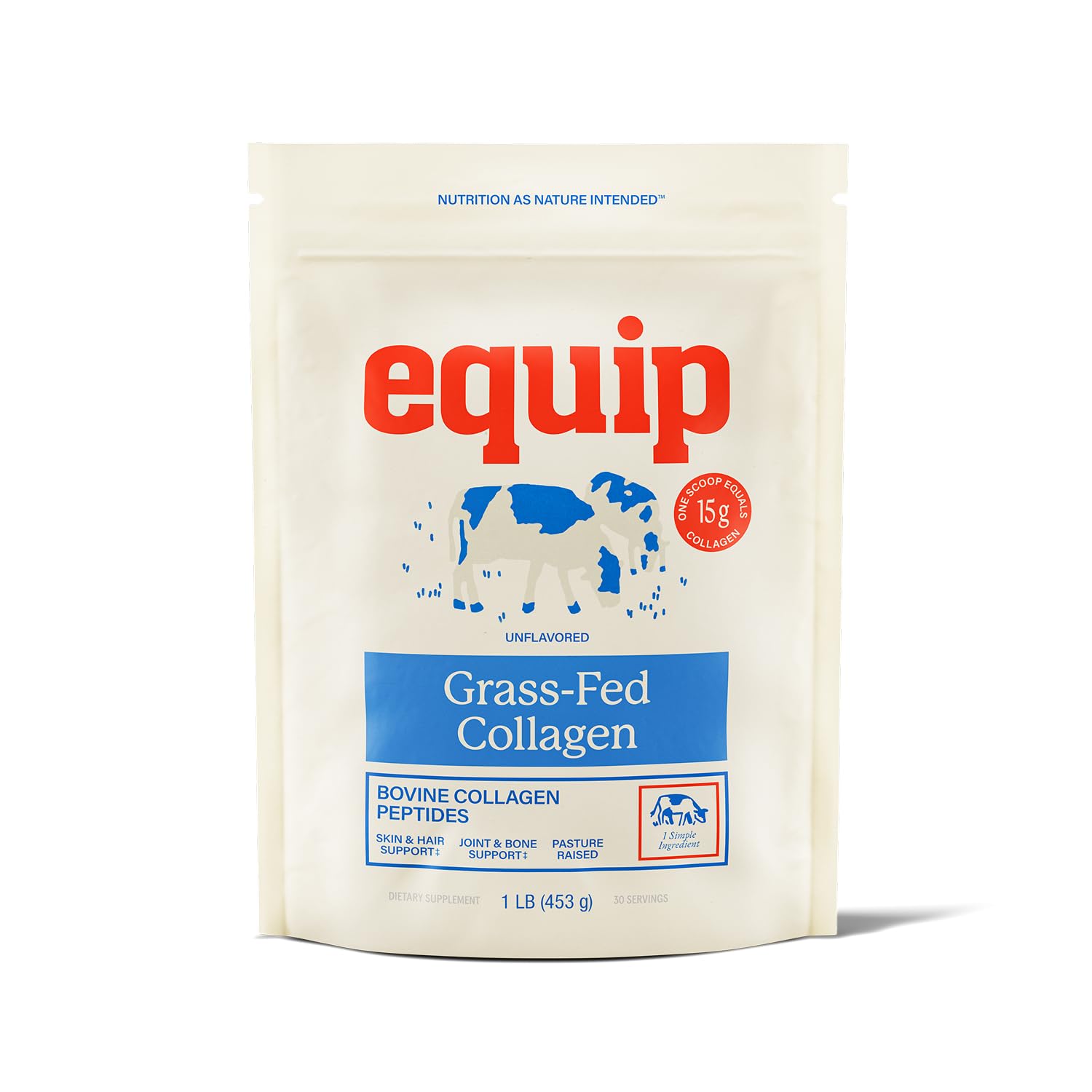 Equip grass-fed collagen powder tub front highlighting joint and skin support