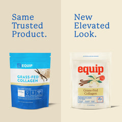 Equip Grass-Fed Collagen Vanilla tub label showing non-GMO quality.