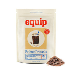 Equip Prime Protein iced coffee tub shows clean label and 21g protein per serving
