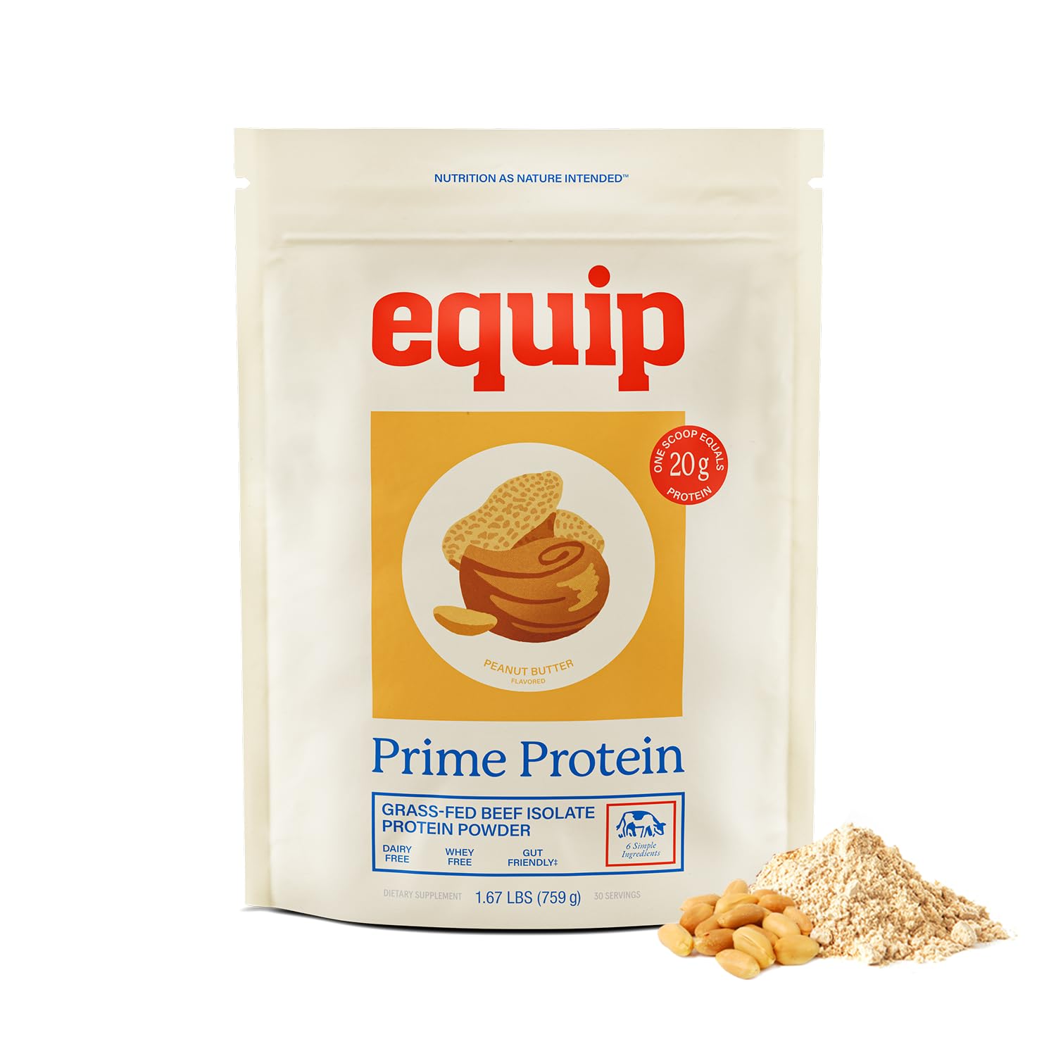 Equip Prime Protein Peanut Butter tub shows sugar-free beef protein for keto-friendly shakes