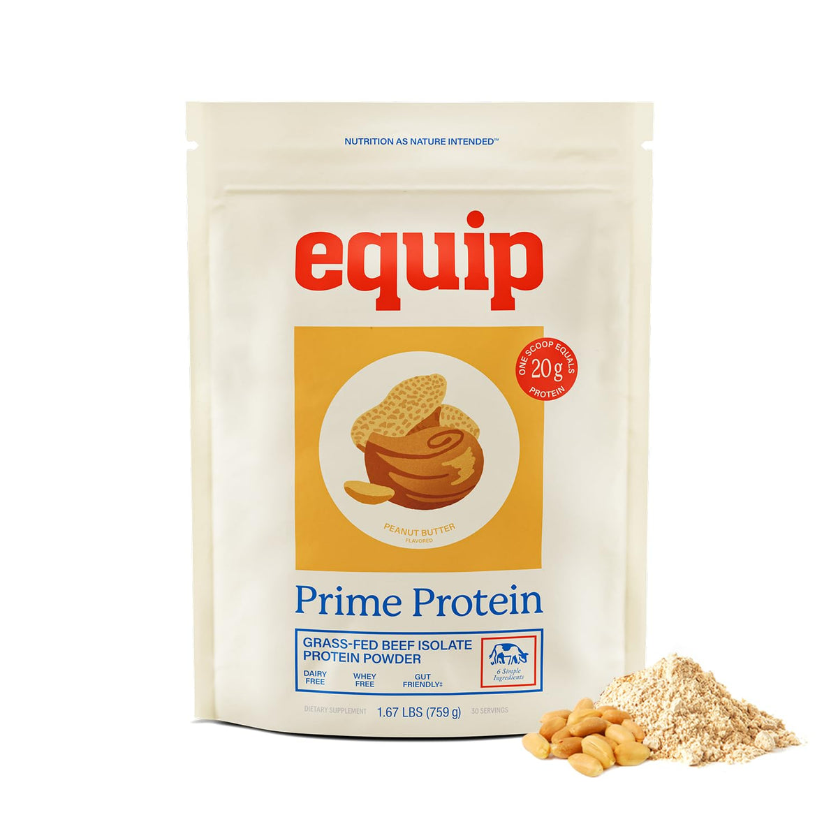 Equip Prime Protein Peanut Butter tub shows sugar-free beef protein for keto-friendly shakes