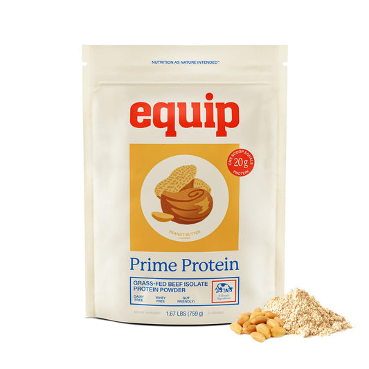 Equip Prime Protein Peanut Butter tub shows sugar-free beef protein for keto-friendly shakes