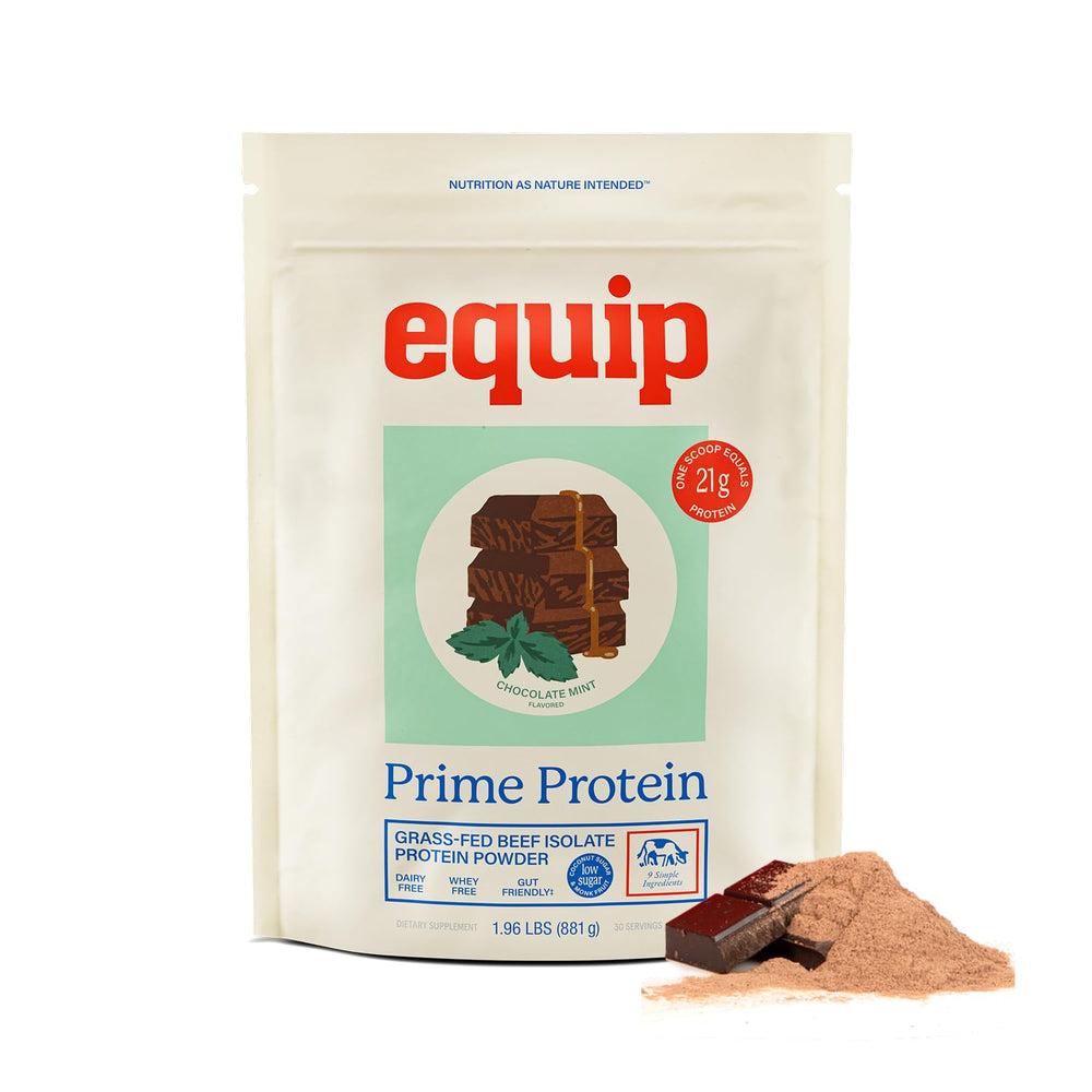 Equip Prime Protein Powder bottle front showcases chocolate mint flavor for keto friendly nutrition.