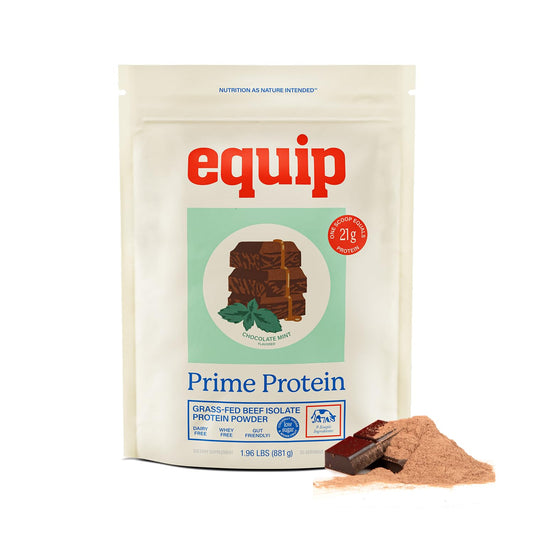Equip Prime Protein Powder bottle front showcases chocolate mint flavor for keto friendly nutrition.