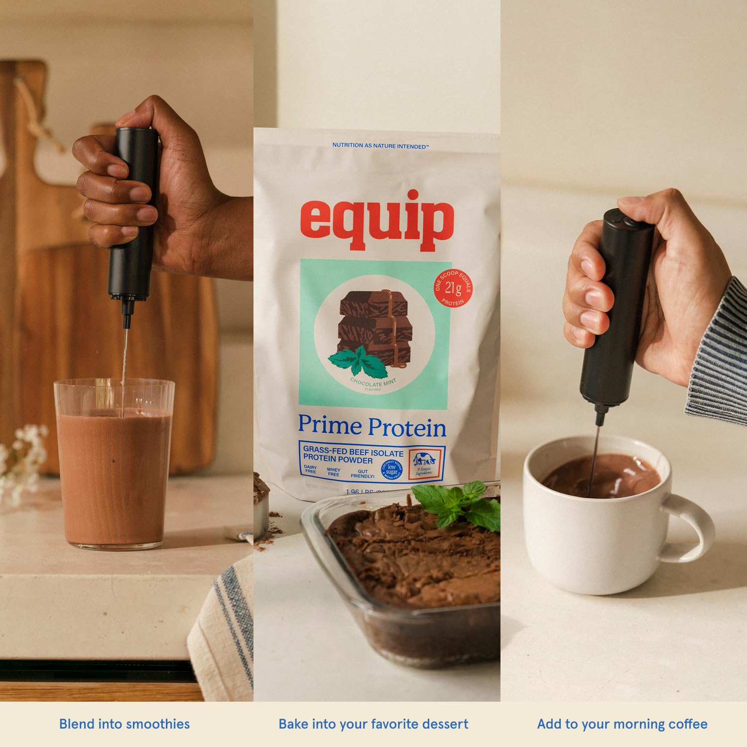 Equip Prime Protein Powder chocolate mint shake in a glass to illustrate dessert-like flavor.