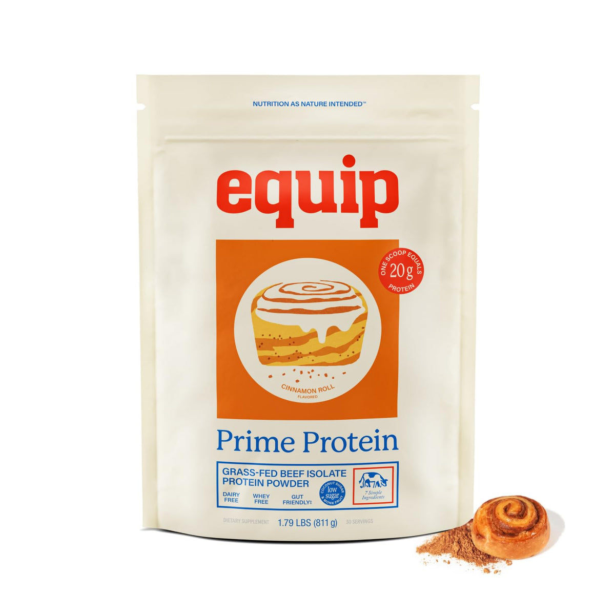 Equip Prime Protein Powder Cinnamon Roll tub for post-workout shakes