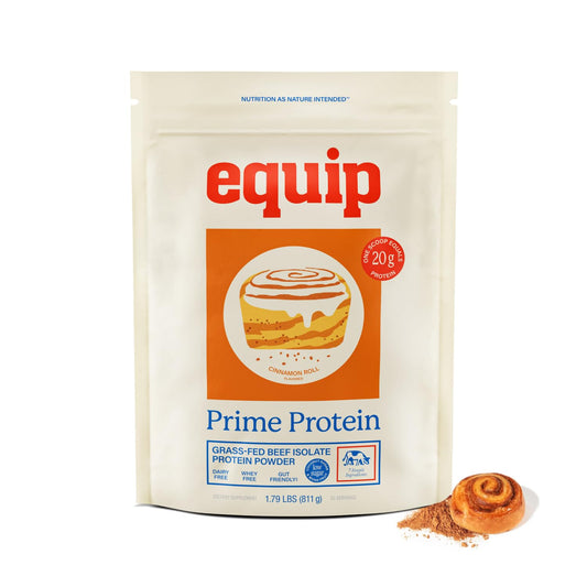 Equip Prime Protein Powder Cinnamon Roll tub for post-workout shakes