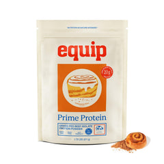 Equip Prime Protein Powder Cinnamon Roll tub for post-workout shakes