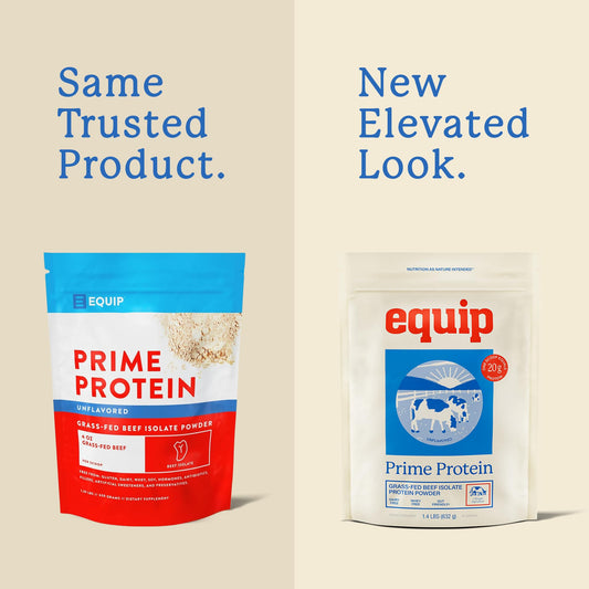 Equip Prime Protein Powder label closeup highlights gluten and dairy free promise for health-conscious consumers.