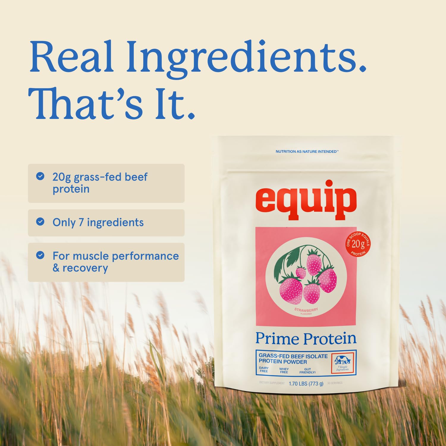 Nutrition label emphasizes grass-fed beef protein and absence of dairy or gluten.