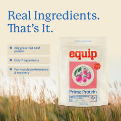 Nutrition label emphasizes grass-fed beef protein and absence of dairy or gluten.