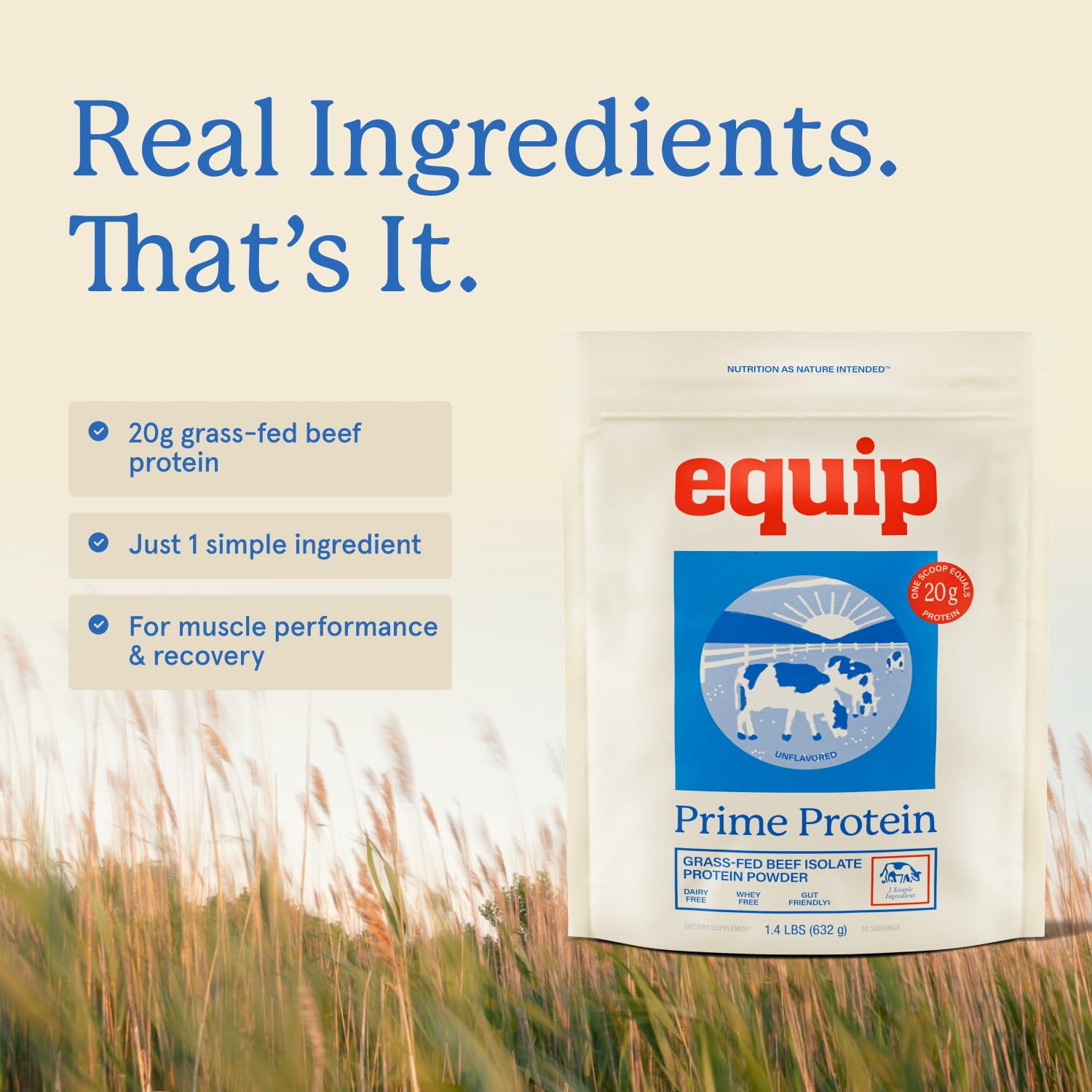 Equip Prime Protein Powder post-workout bottle implies versatile, pre or post workout fuel.