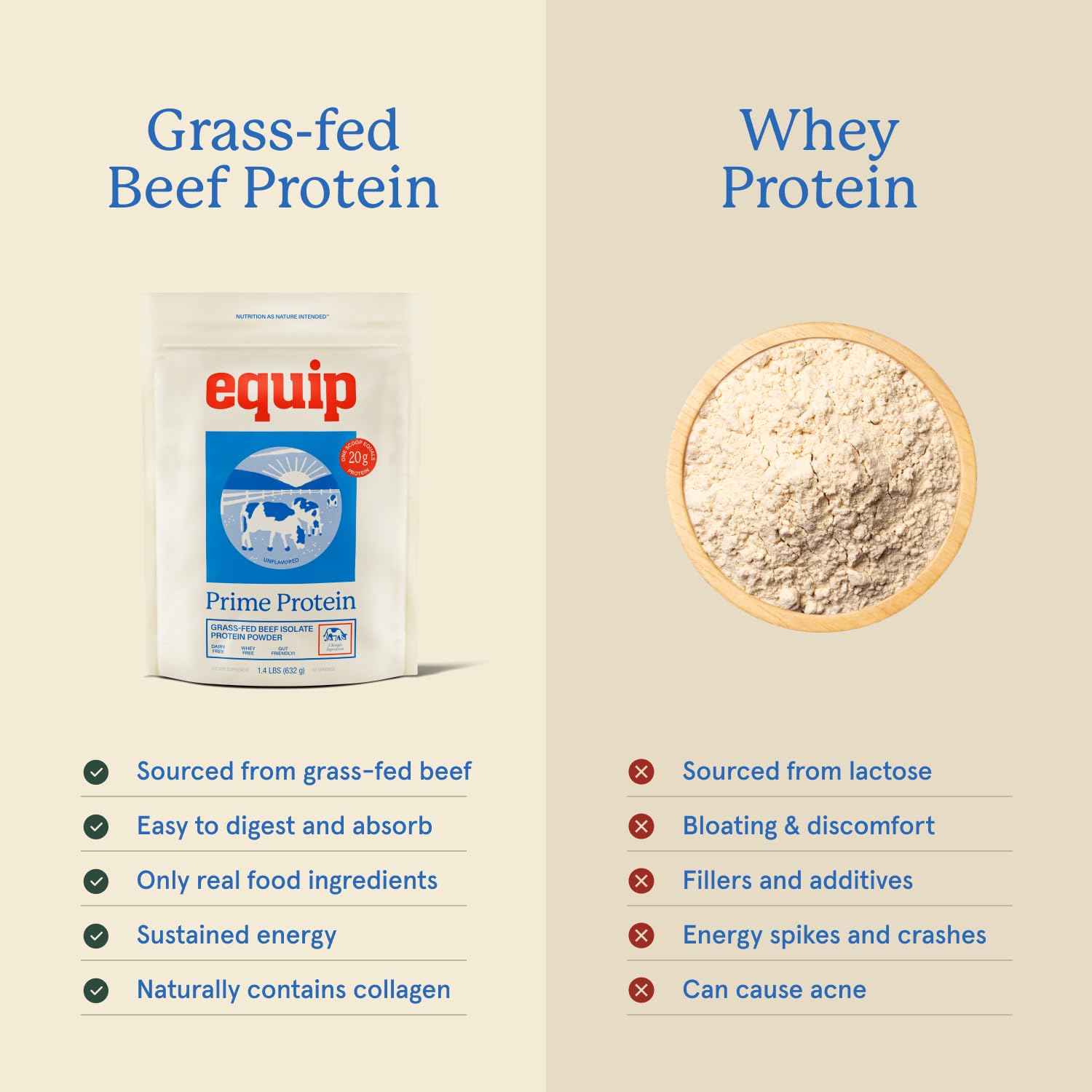 Equip Prime Protein Powder scoop on top of tub communicates convenient, quick protein addition for busy lifestyles.