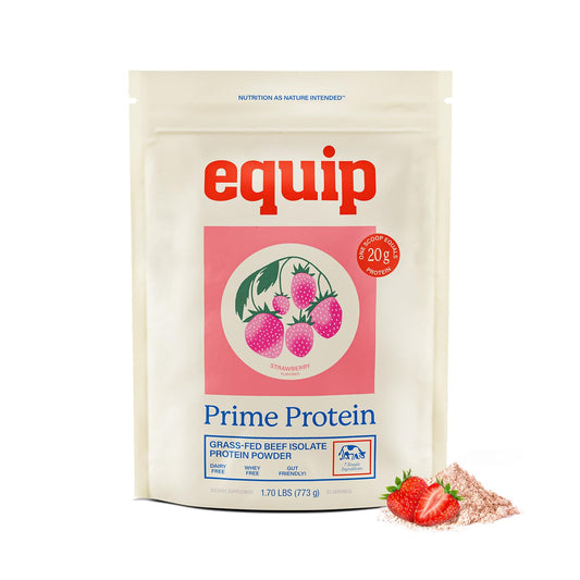 Equip Prime Protein Powder tub front view highlighting strawberry flavor for post-workout recovery.