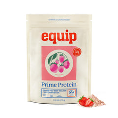 Equip Prime Protein Powder tub front view highlighting strawberry flavor for post-workout recovery.