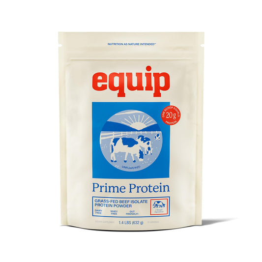 Equip Prime Protein Powder tub front displays clean beef protein option for keto and paleo diets.