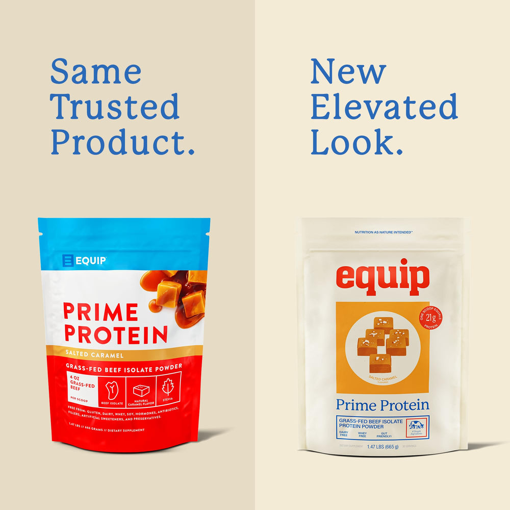 Equip Prime Protein Salted Caramel scoop pour for quick, Keto-friendly shakes.
