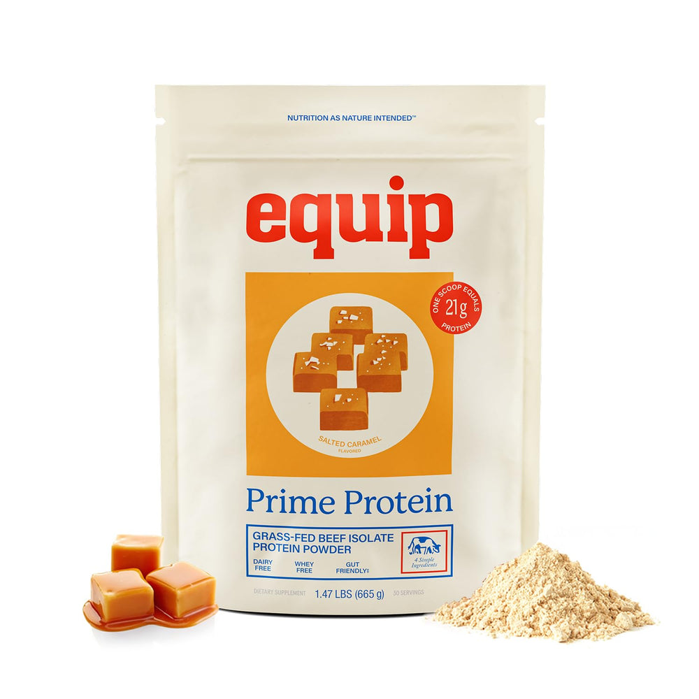 Equip Prime Protein Salted Caramel tub front shows clean, grass-fed beef protein powder.
