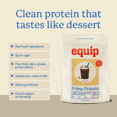 Equip Prime Protein scoop beside tub implies quick, convenient daily protein boost