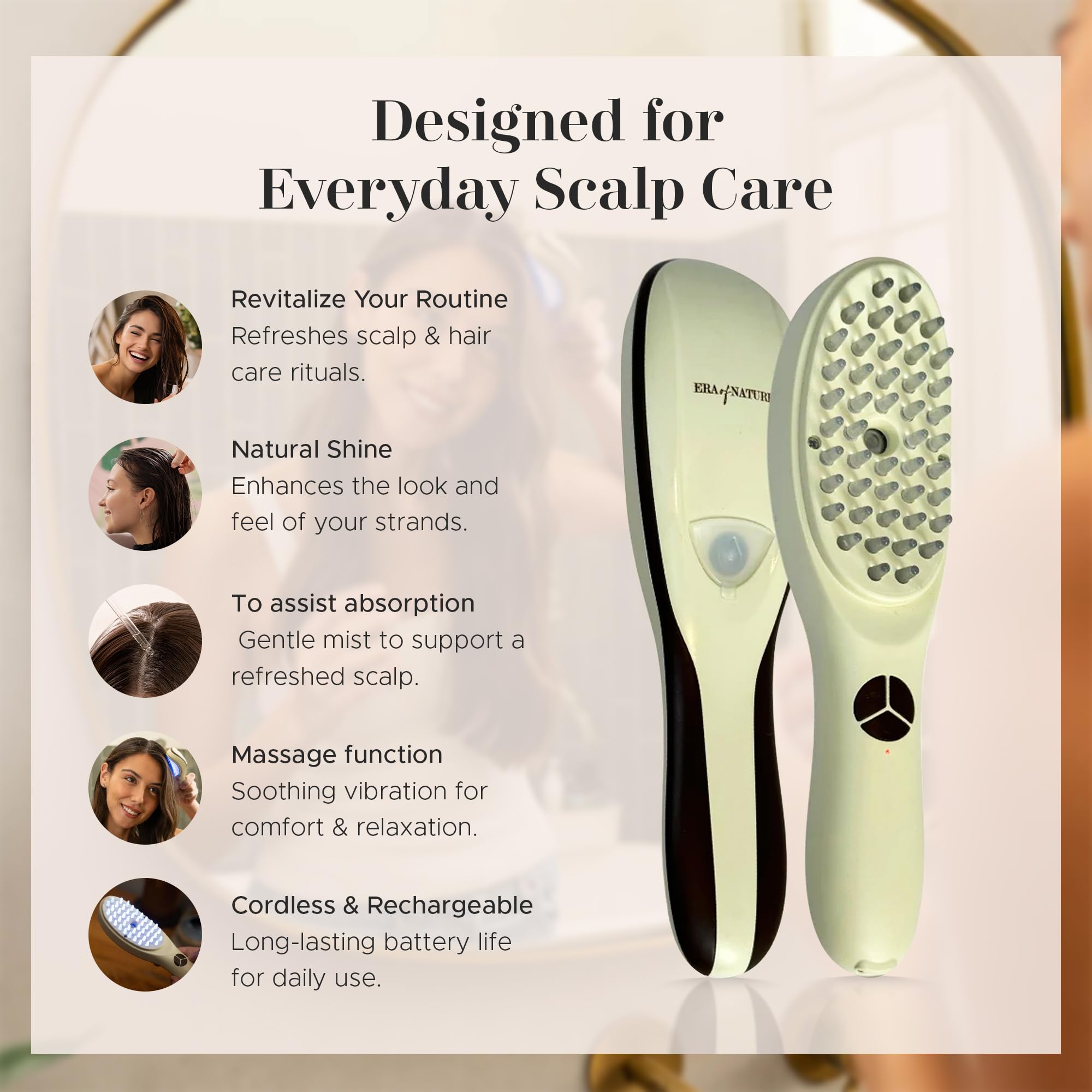 Era of Nature 28-silicone-bristles close-up delivering gentle root exfoliation.