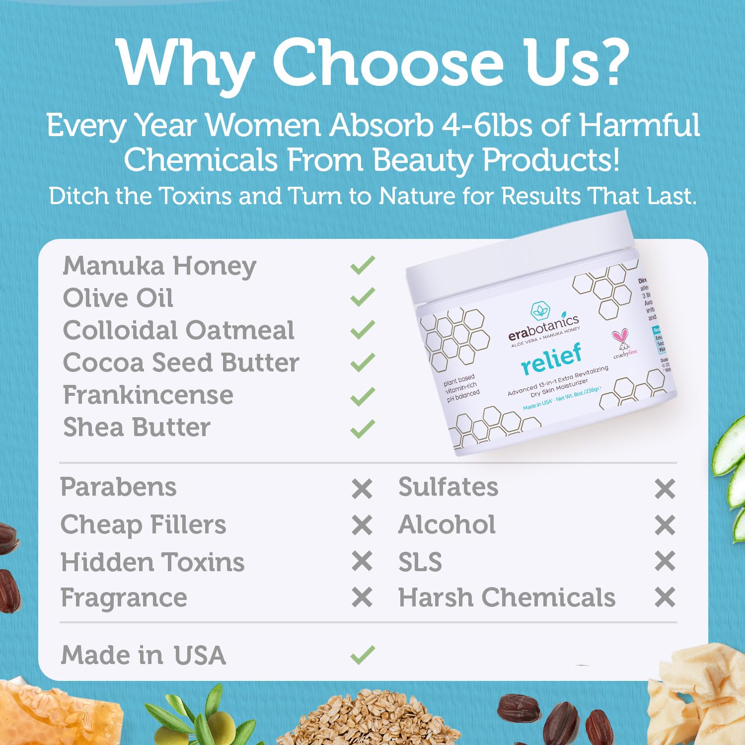 Era Organics aloe and manuka honey ingredients close-up for nourishing moisture.