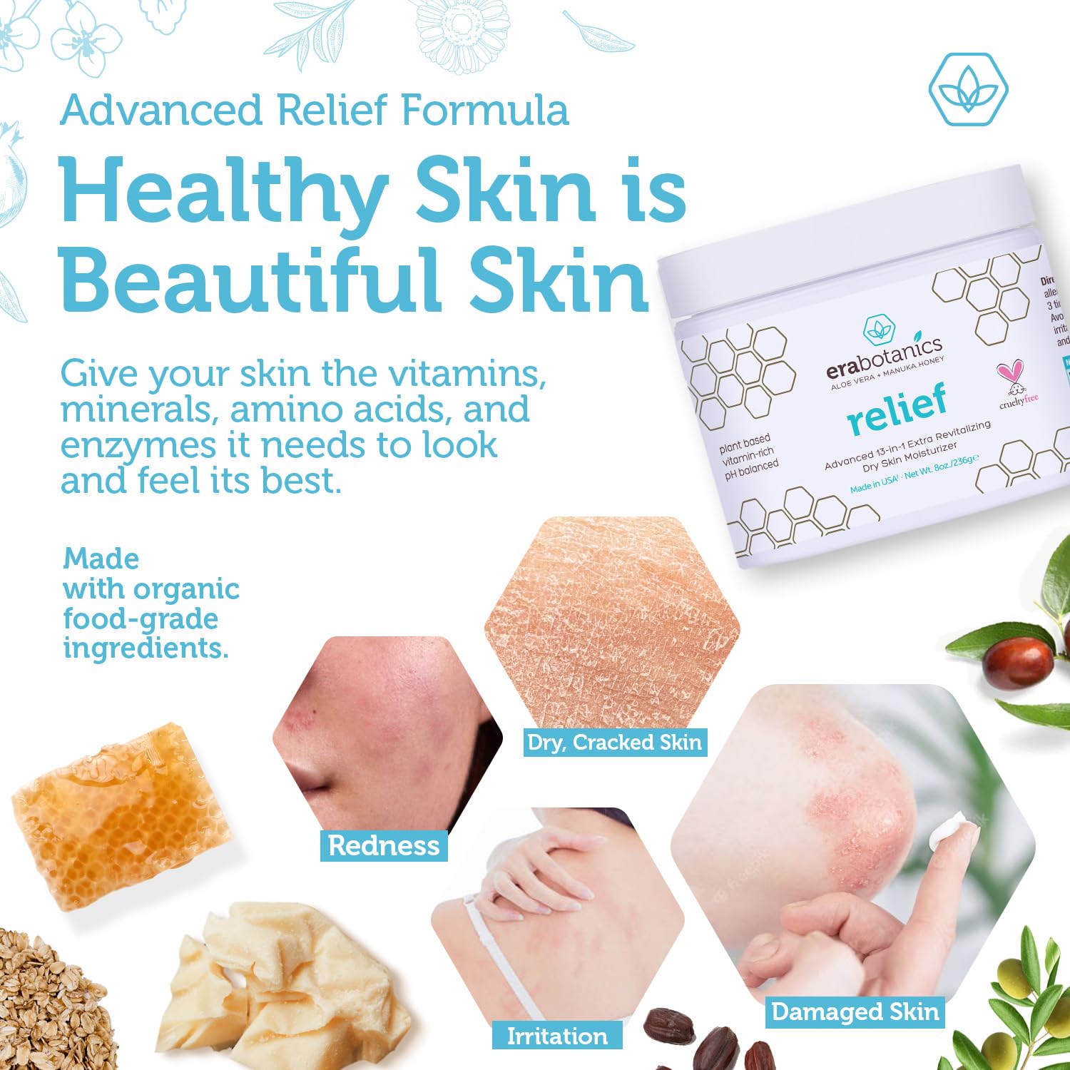 Era Organics face and body application demonstrates soothing hydration for irritated skin.