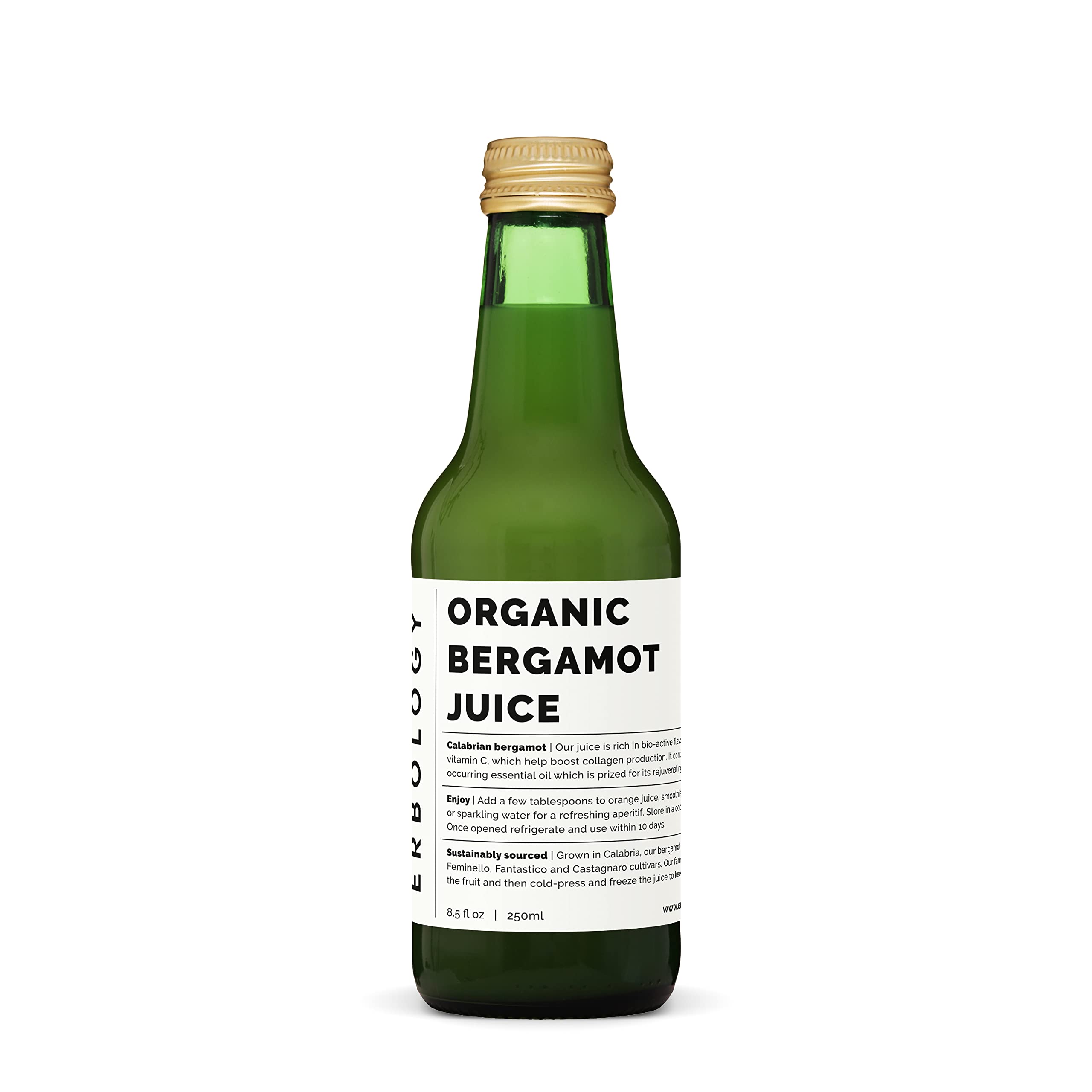 Erbology bergamot juice bottle 12-pack front view, pure undiluted citrus