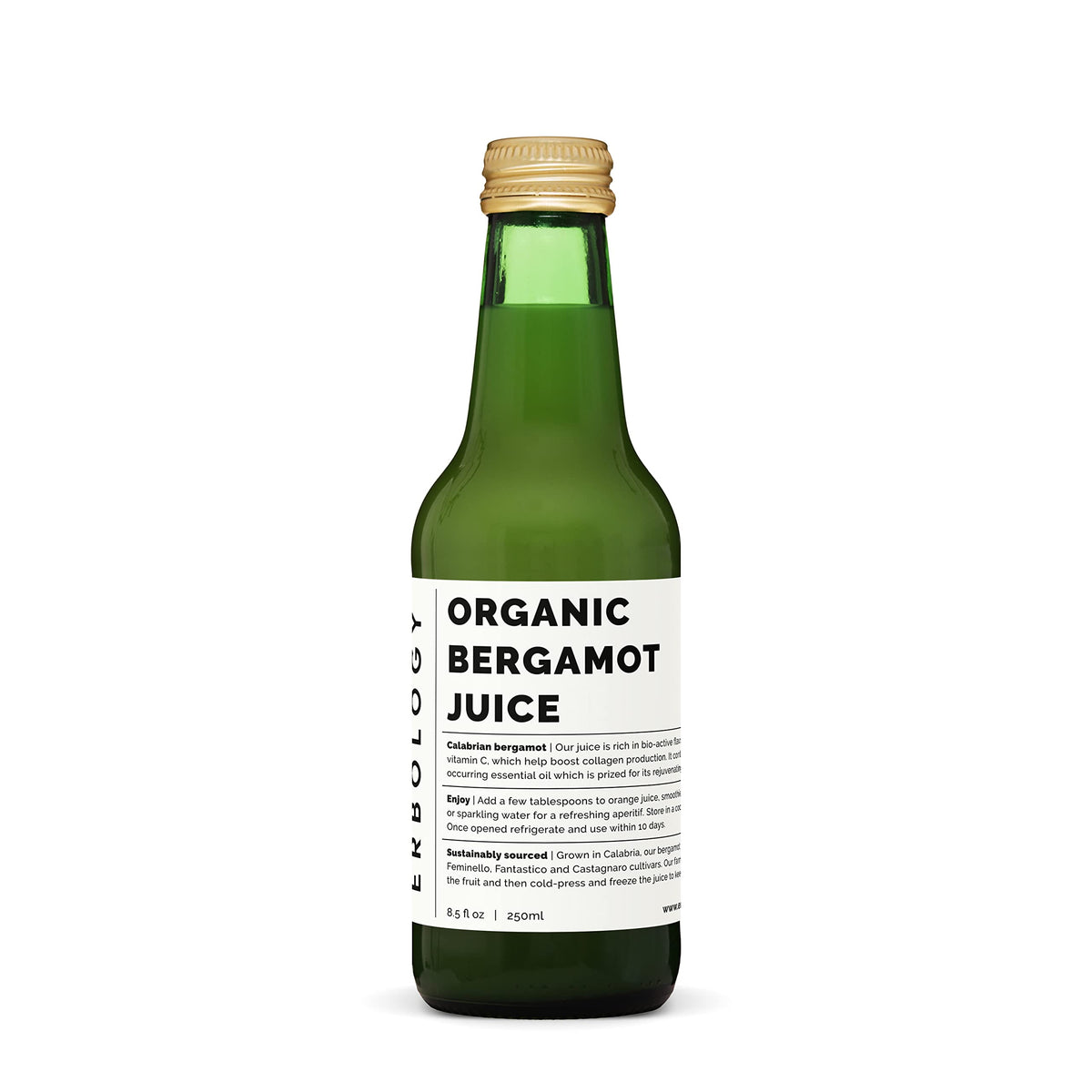 Erbology bergamot juice bottle 12-pack front view, pure undiluted citrus