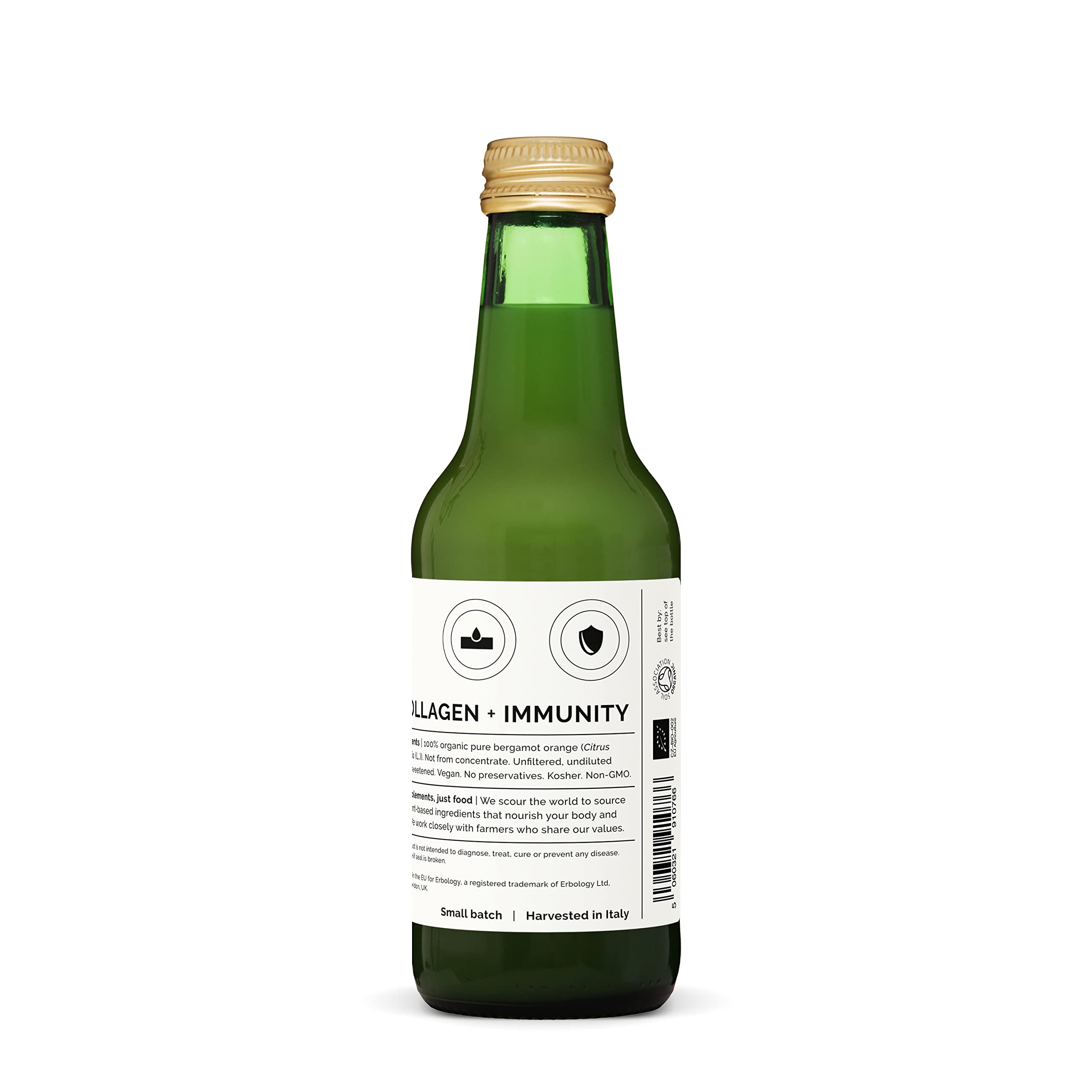 Erbology bergamot juice label closeup shows organic and non-GMO claim