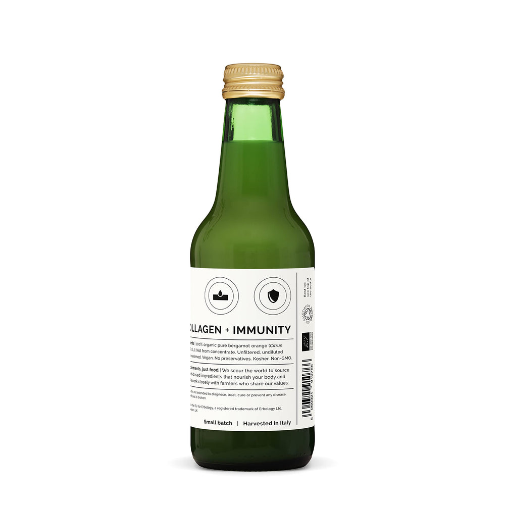 Erbology bergamot juice label closeup shows organic and non-GMO claim
