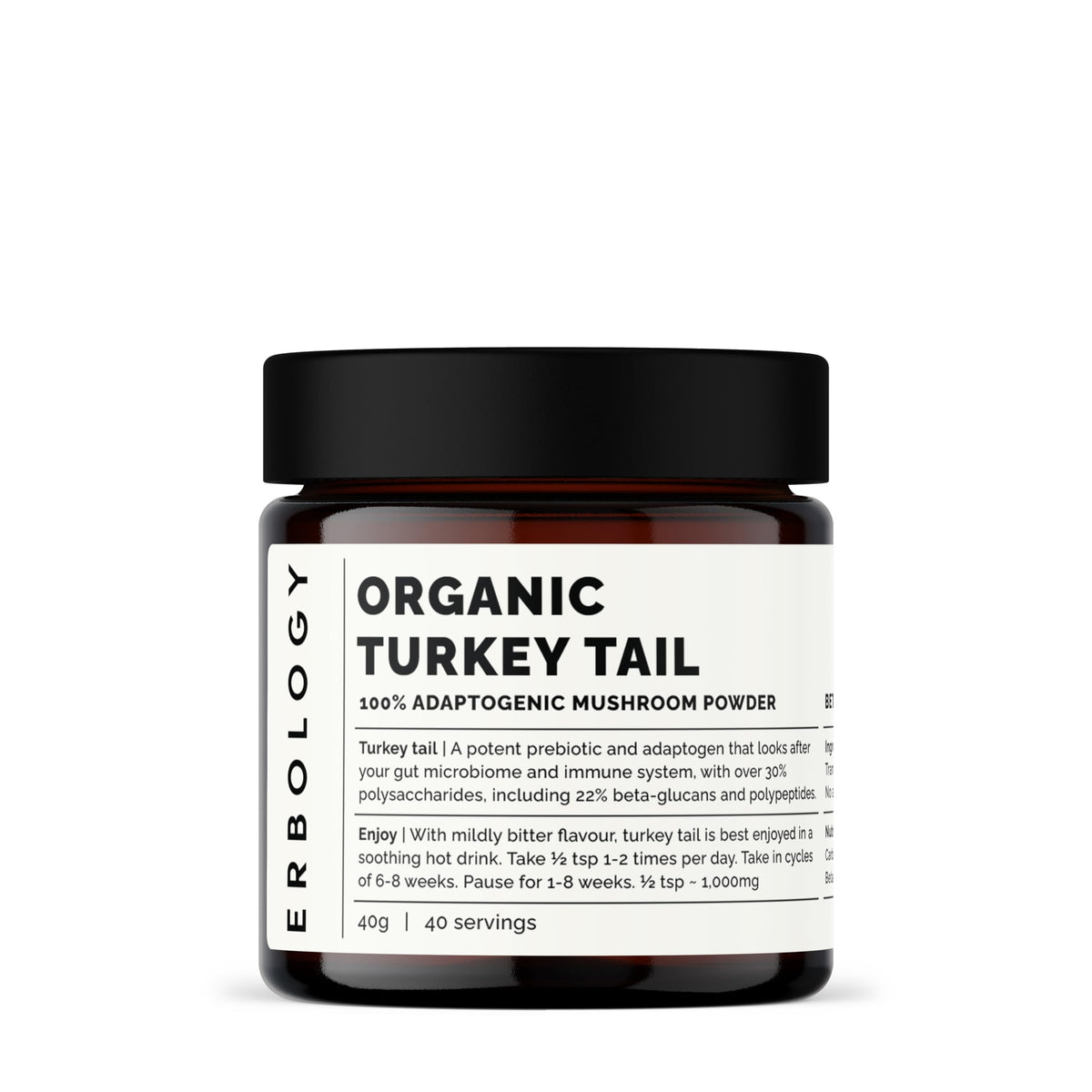 Erbology Turkey Tail powder jar with sustainable amber glass packaging
