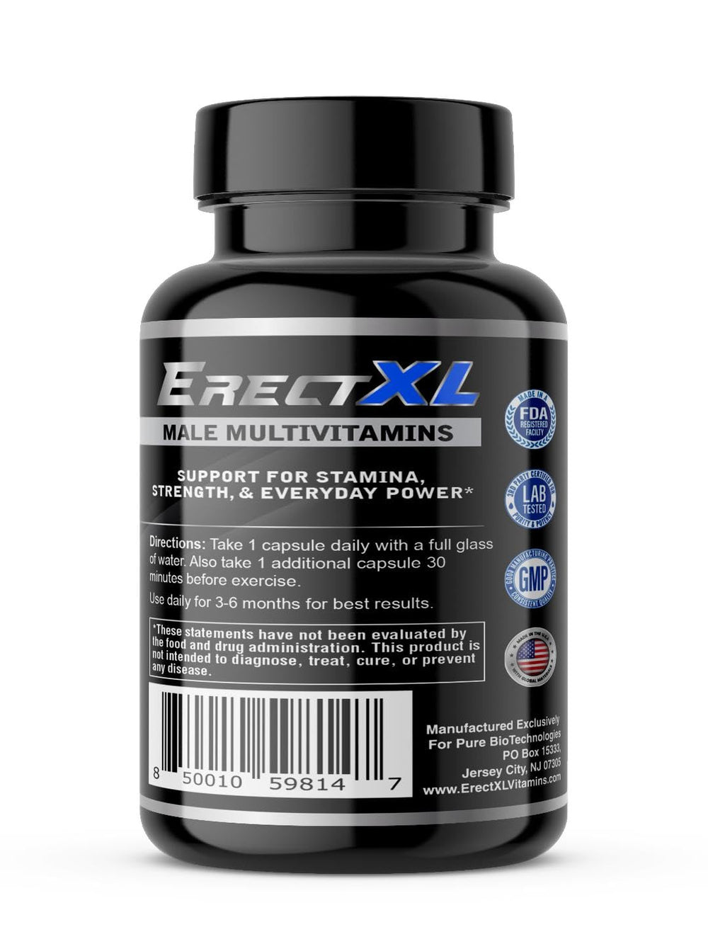 Close-up of ErectXL Multivitamins bottle label featuring maca and ginseng for daily vitality.