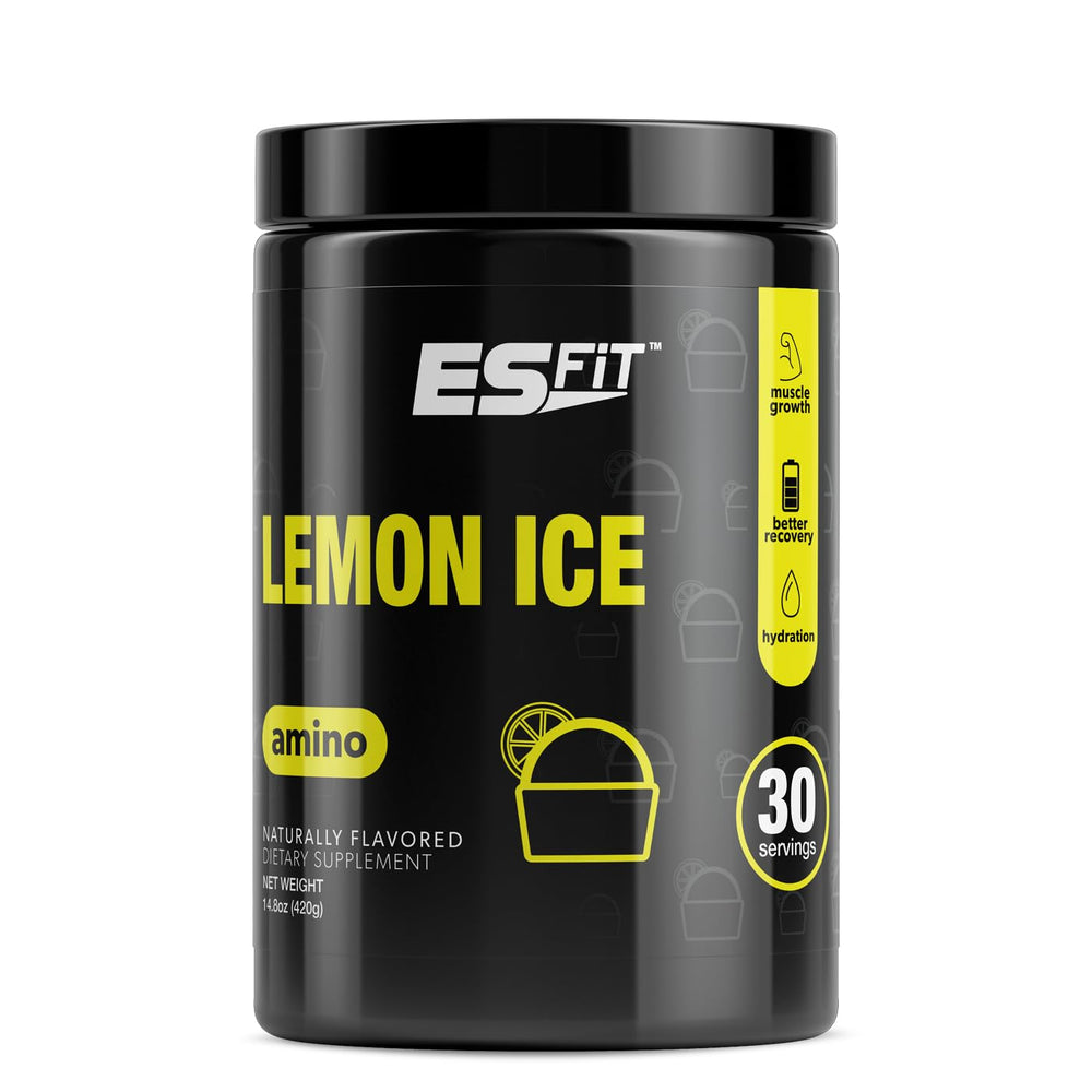 ES FIT Amino Powder tub in Lemon Ice flavor for pre and post workout support.