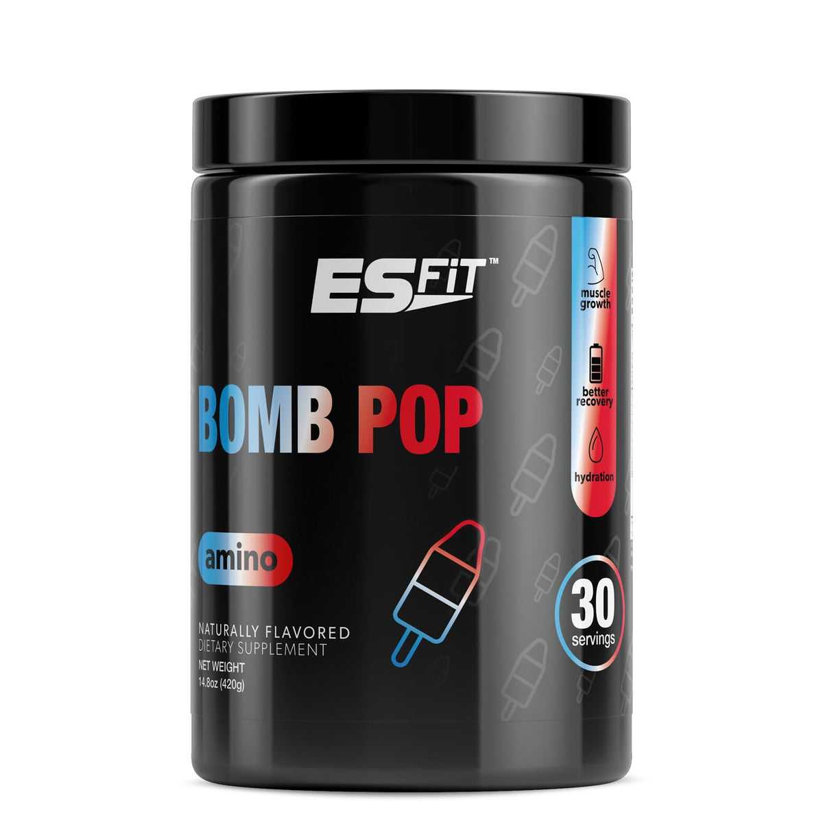 ES FIT Amino Powder bottle with Bomb Pop flavor ready to pour for an energized workout.