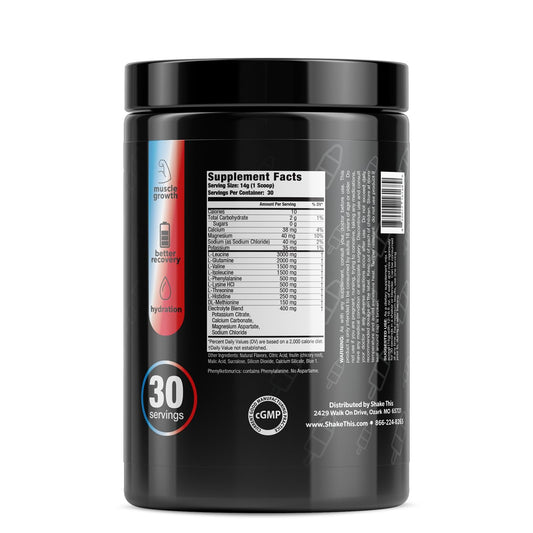 ES FIT Amino Powder being poured into a glass for pre-workout hydration.