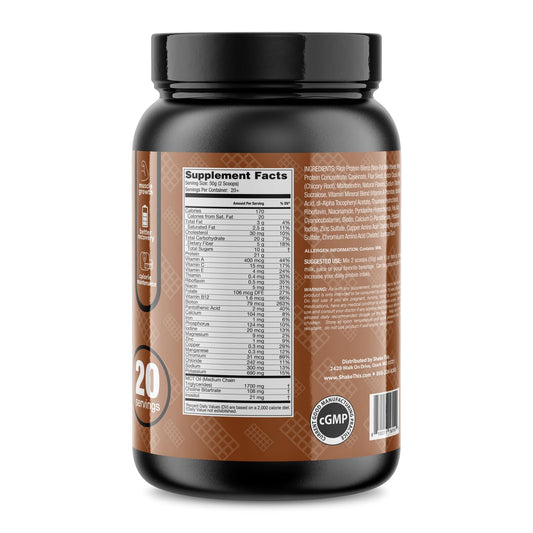 ES FIT Complete MR milk chocolate scoop beside shaker for convenient fueling.