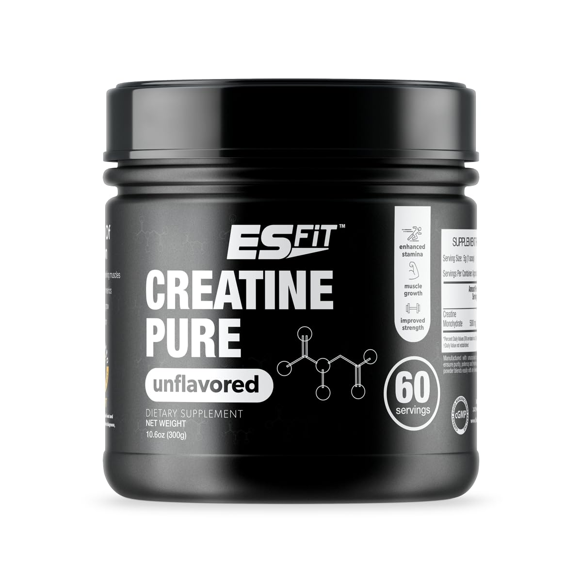 ES FiT Creatine bottle front view showing pure micronized formula and 60 servings