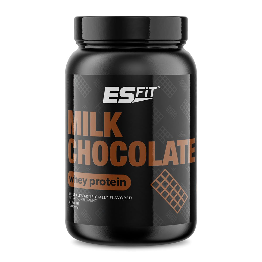 ES FIT Whey Protein Milk Chocolate tub front view with non-GMO formula