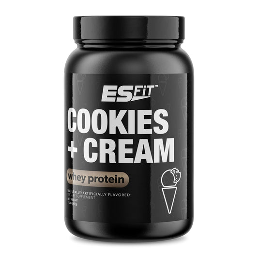 ES FIT Whey Protein Powder Cookies Cream tub highlights a high-protein blend for post-workout recovery