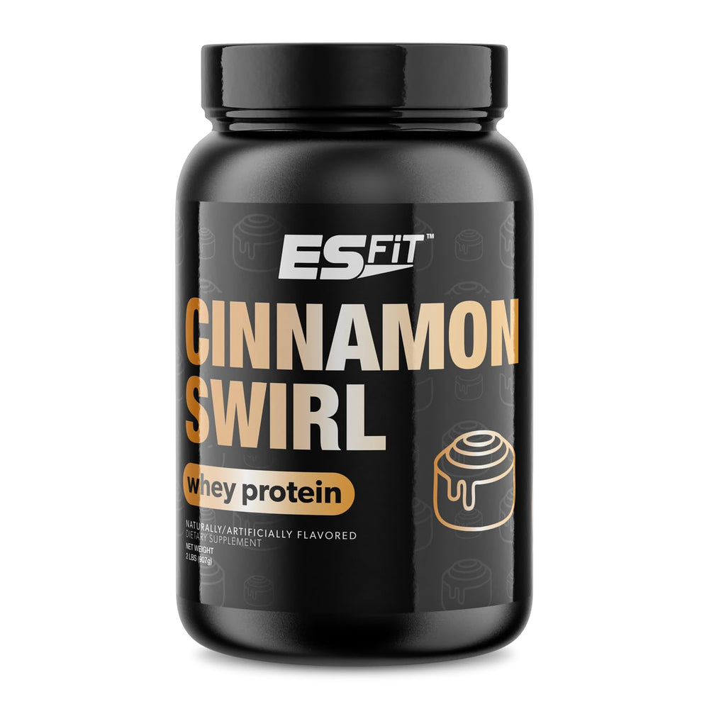 ES FIT whey protein powder tub showcasing Cinnamon Swirl flavor and fast absorption.