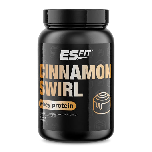 ES FIT whey protein powder tub showcasing Cinnamon Swirl flavor and fast absorption.