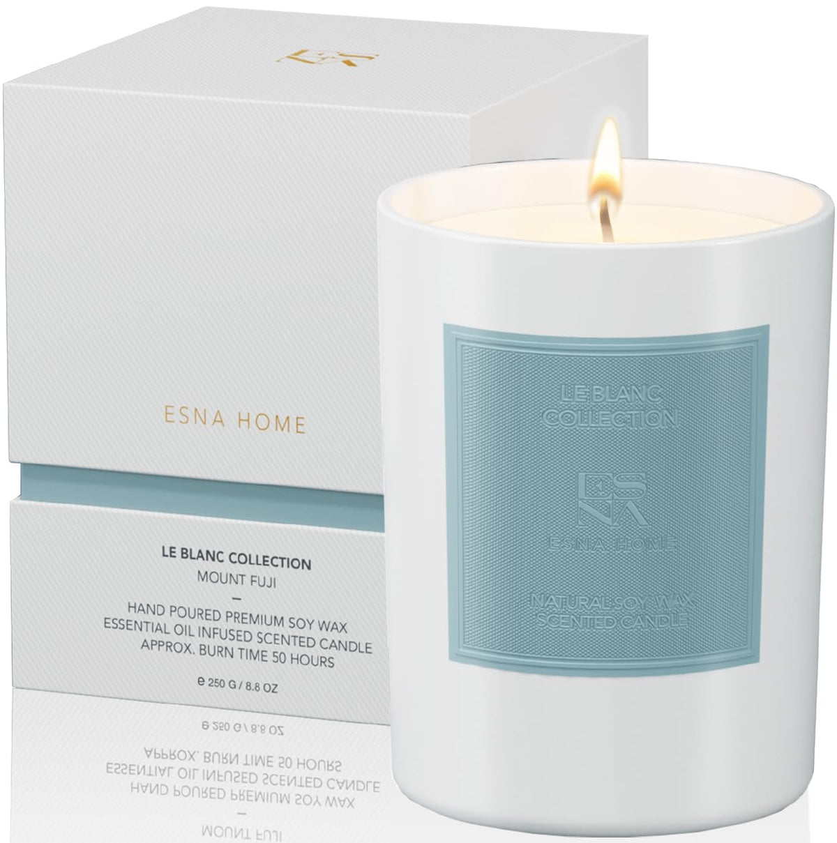 ESNA HOME luxury scented candle jar with natural soy wax for clean burning ambiance.