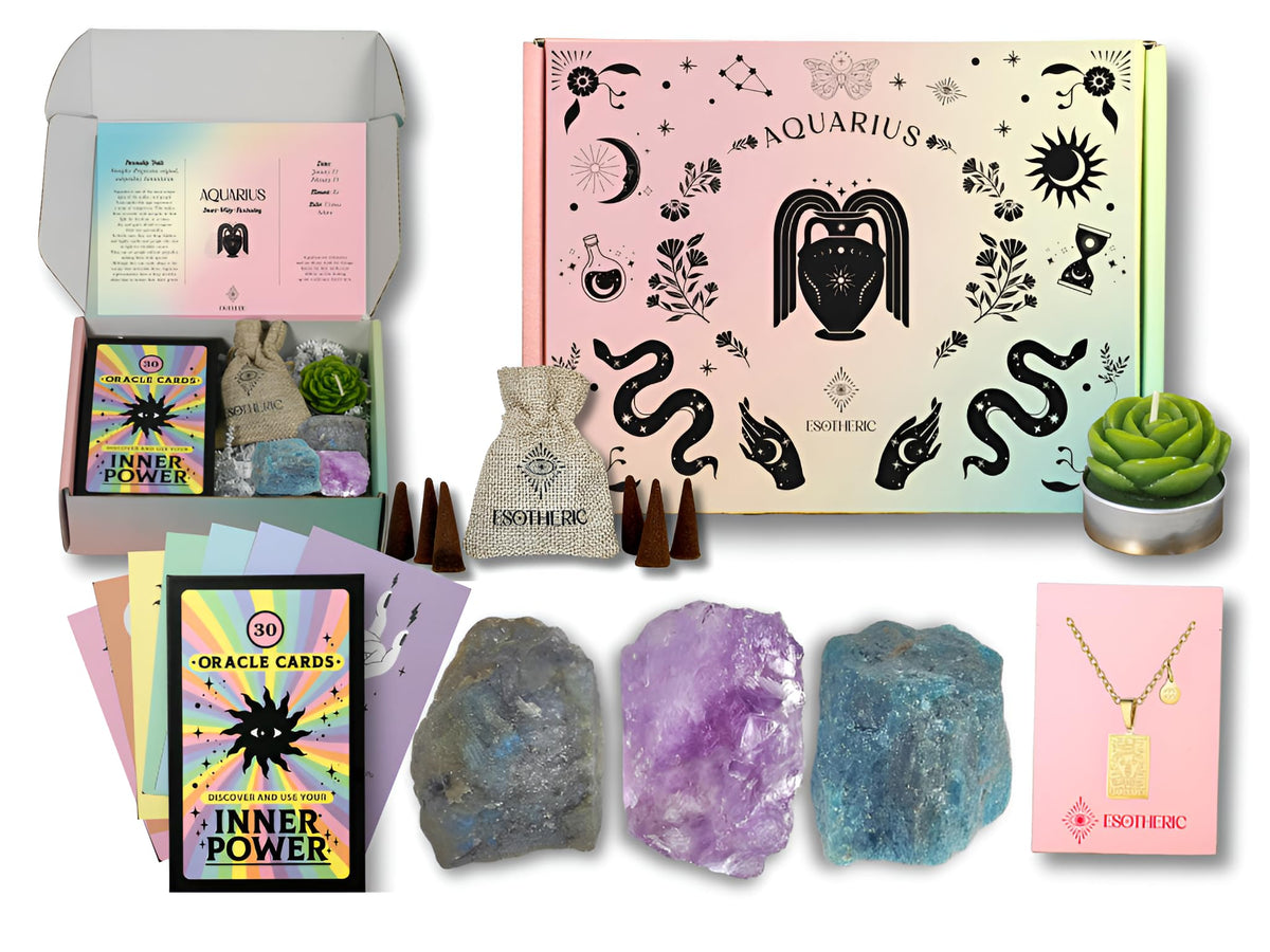ESOTHERIC Aquarius gift box with zodiac necklace, ideal birthday surprise.