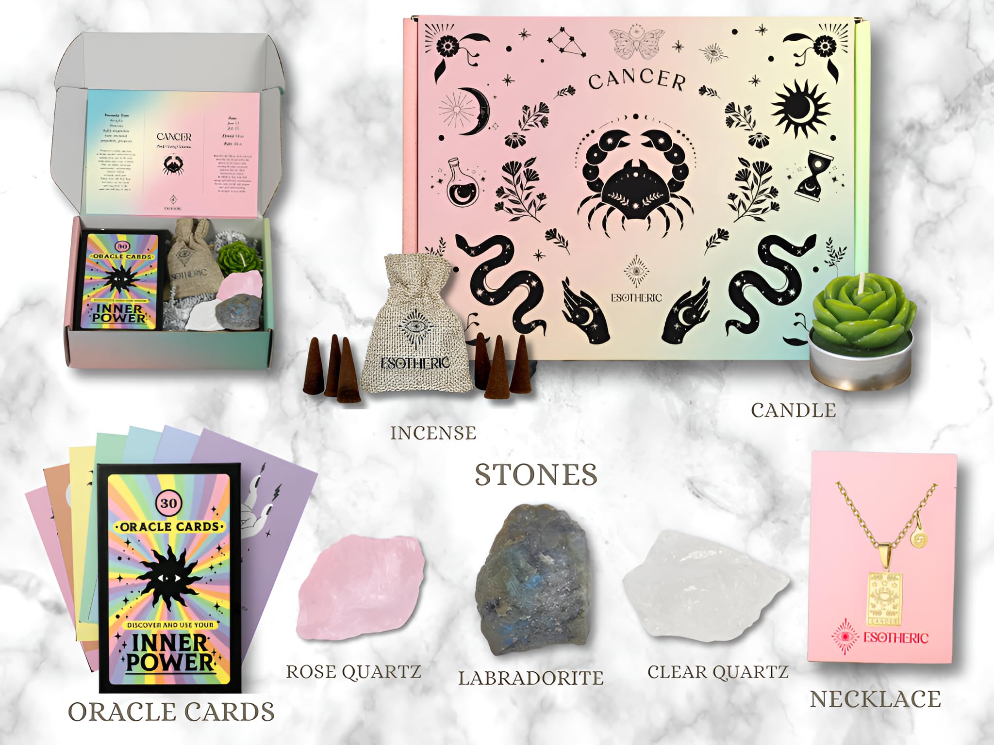 ESOTHERIC crystal birthstones trio highlighting protection, transformation, and calm.