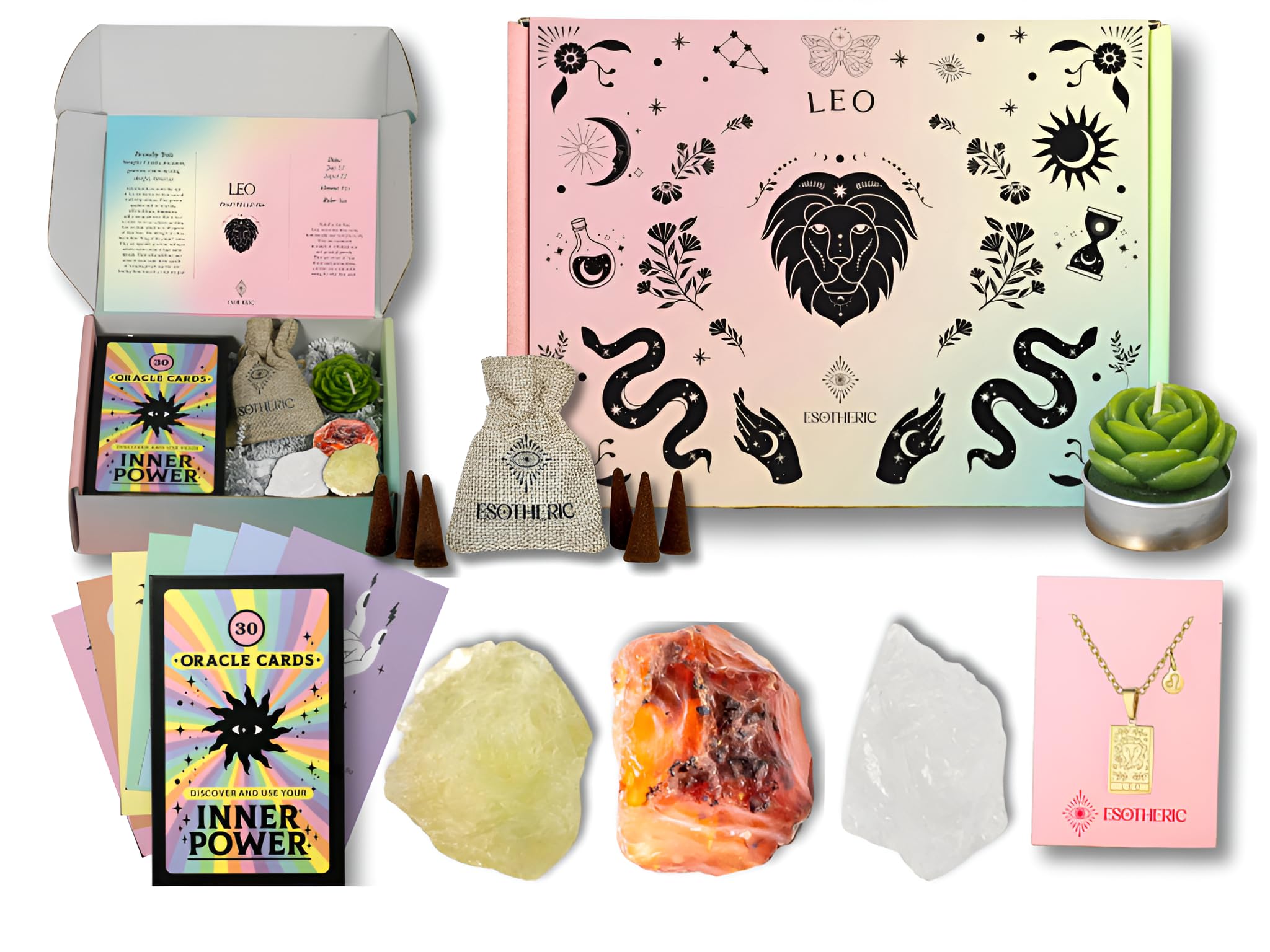 ESOTHERIC Leo birthday gift box with zodiac symbols and crystals for thoughtful celebrations.