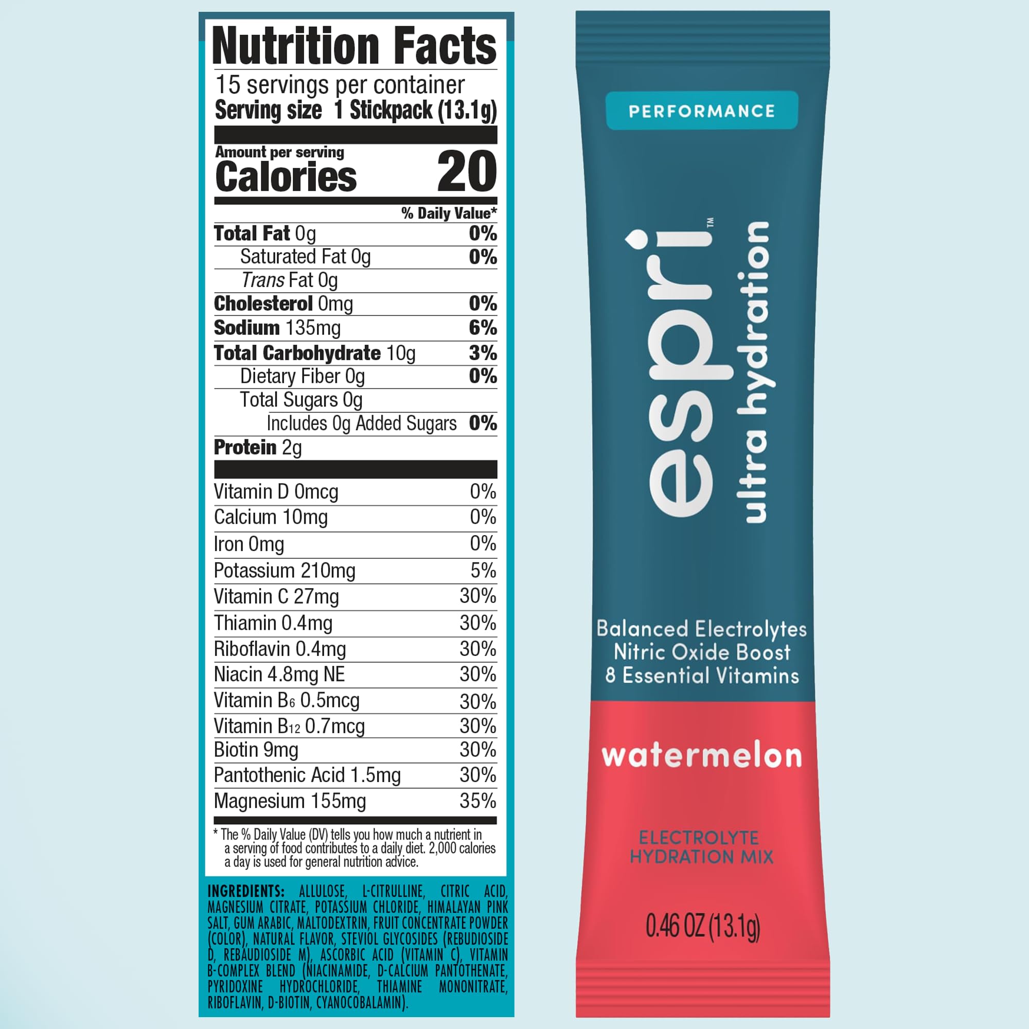 ESPRI watermelon electrolyte label highlighting vitamins for daily support.