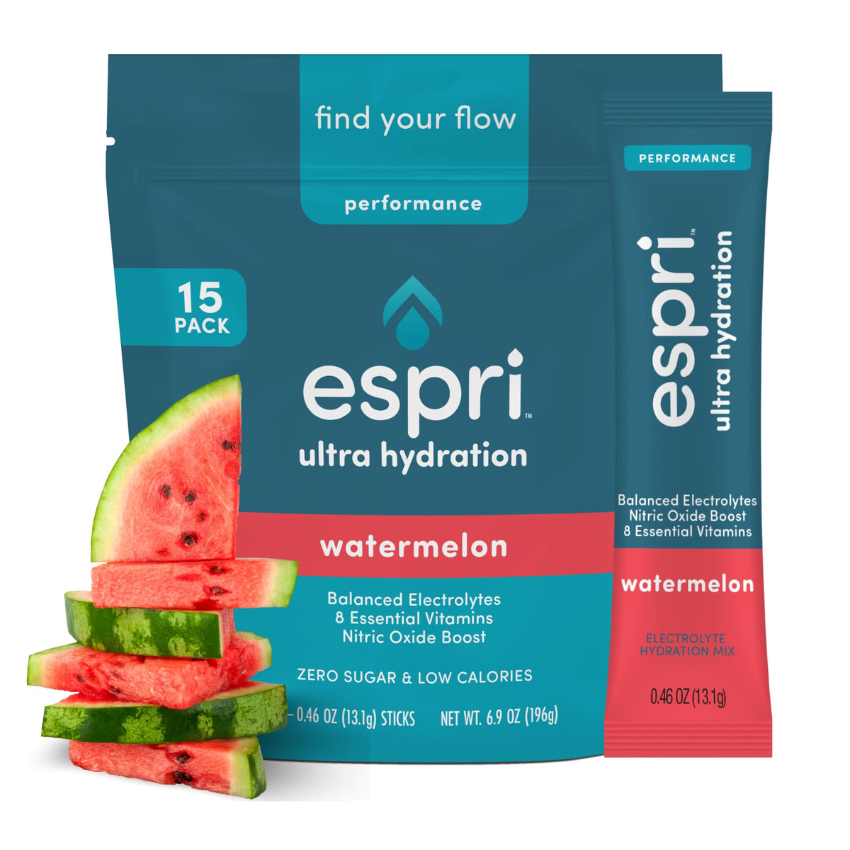ESPRI watermelon electrolyte packet—front view for quick hydration.